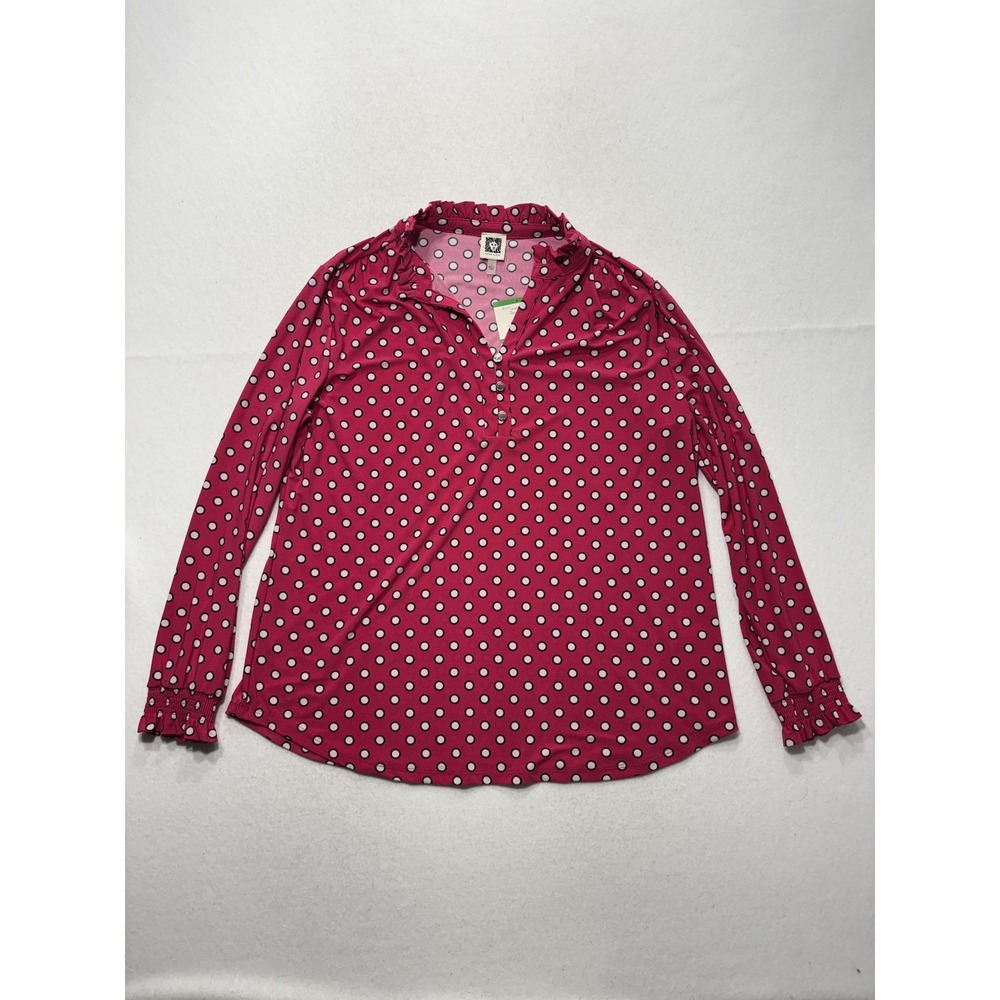Anne Klein Blouse Womens Large Pink Polka‎ Dot Henley Long Sleeve Top 10861153